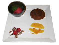 moelleux au chocolat met sorbet van frambozenbier